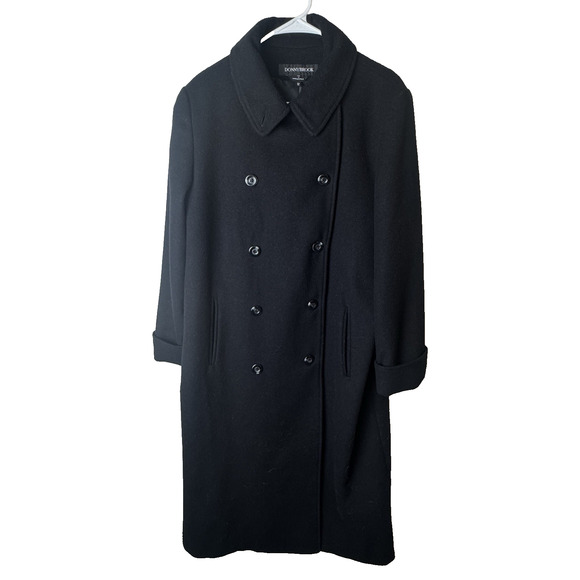 Donny Brook 100% Wool Womens Size 12 Long Coat Black Double Breasted Funnel Neck - Picture 1 of 9